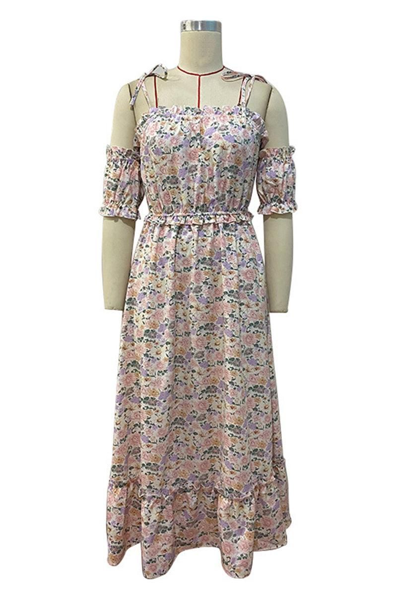 FLORAL STRAP OFF SHOULDER FLARE DRESS - Doublju