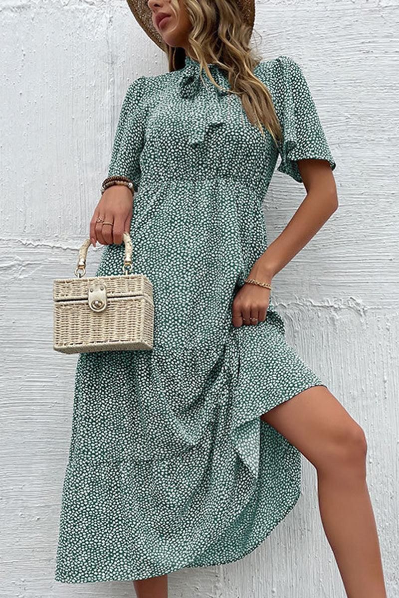 DOT RIBBON HIGH NECK RUFFLED CANCAN DRESS - Doublju