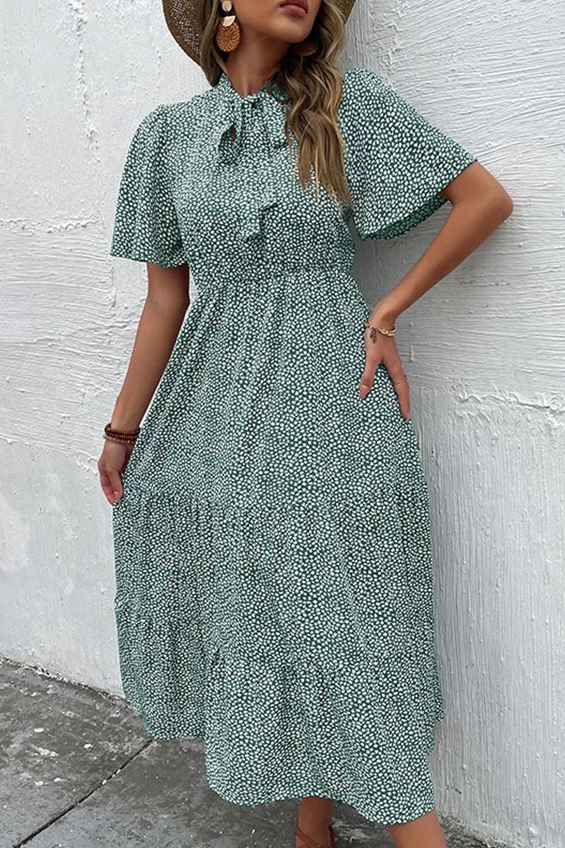 DOT RIBBON HIGH NECK RUFFLED CANCAN DRESS - Doublju