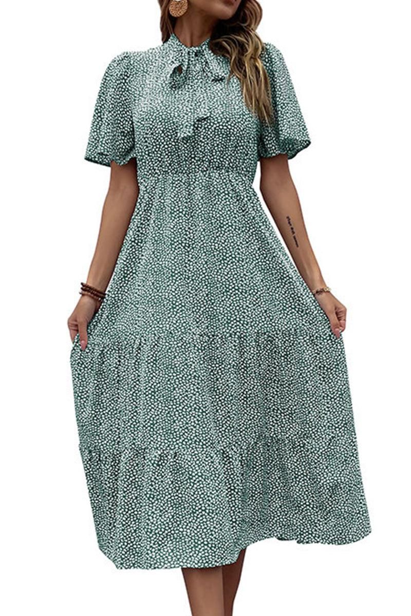 DOT RIBBON HIGH NECK RUFFLED CANCAN DRESS - Doublju