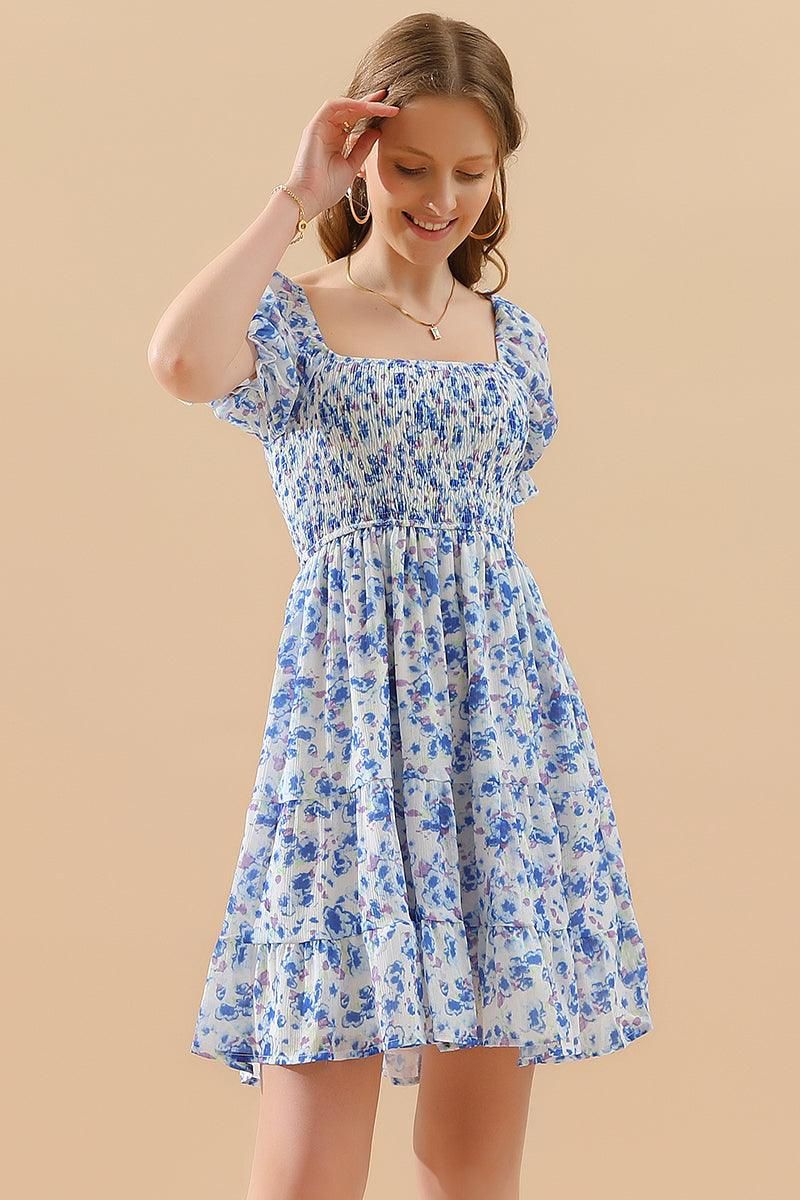 PATTERNED SQUARE NECK PUFF SLEEVE SHORT CAKE DRESS - Doublju