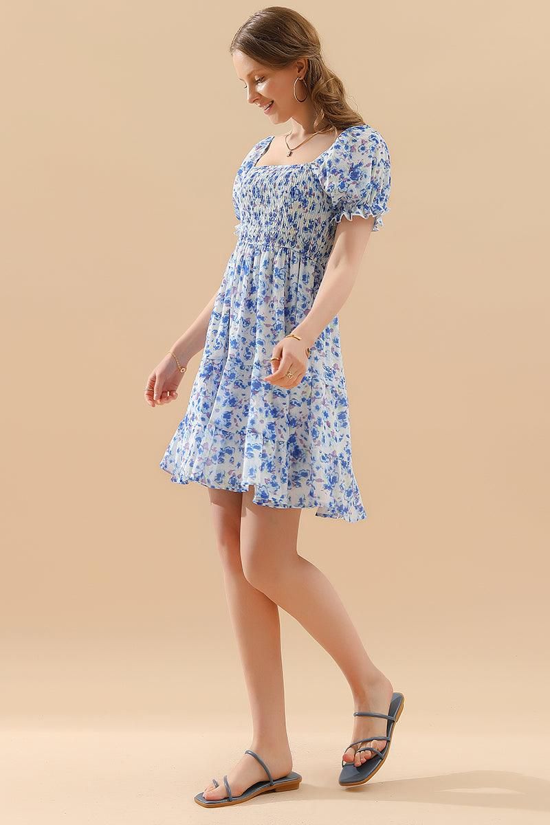 PATTERNED SQUARE NECK PUFF SLEEVE SHORT CAKE DRESS - Doublju