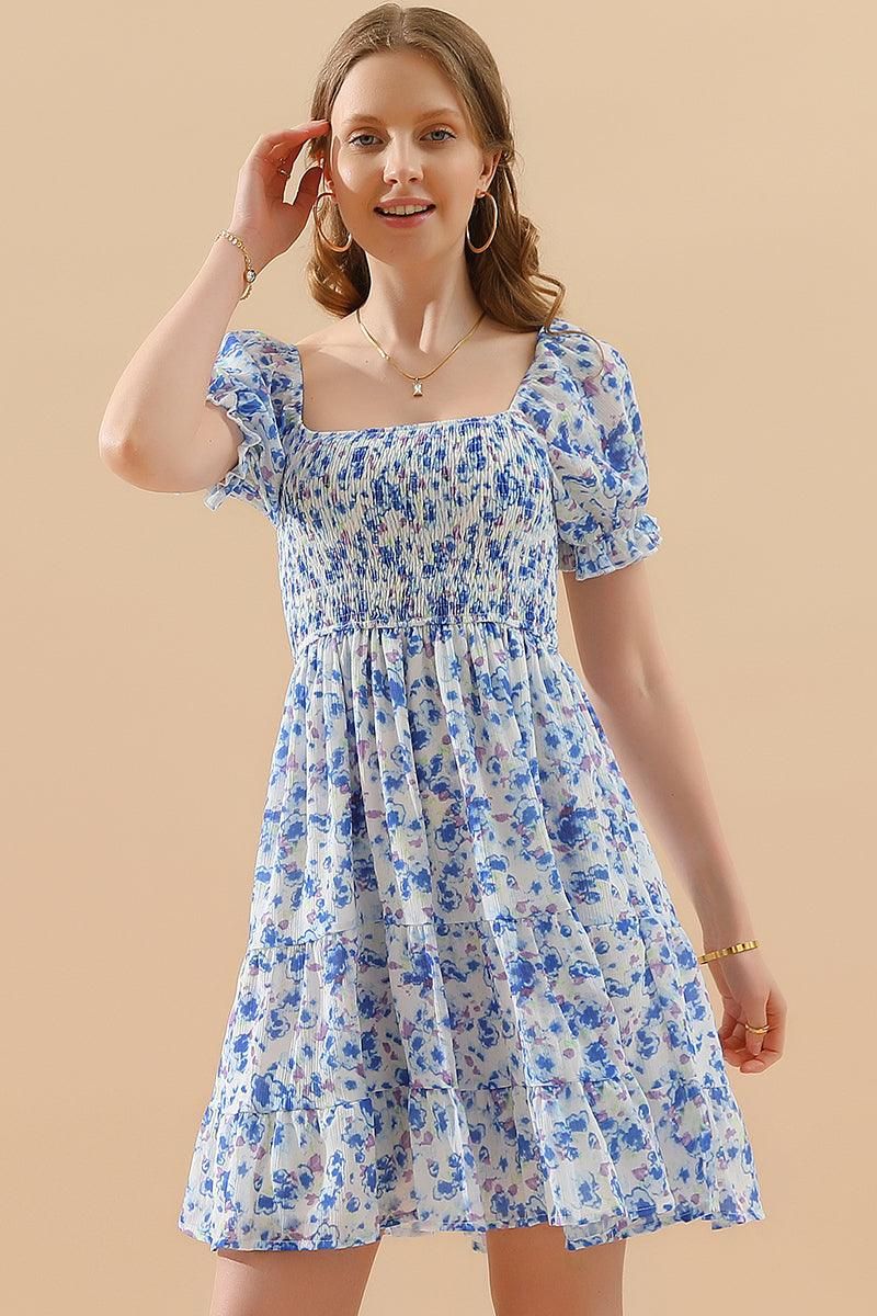 PATTERNED SQUARE NECK PUFF SLEEVE SHORT CAKE DRESS - Doublju