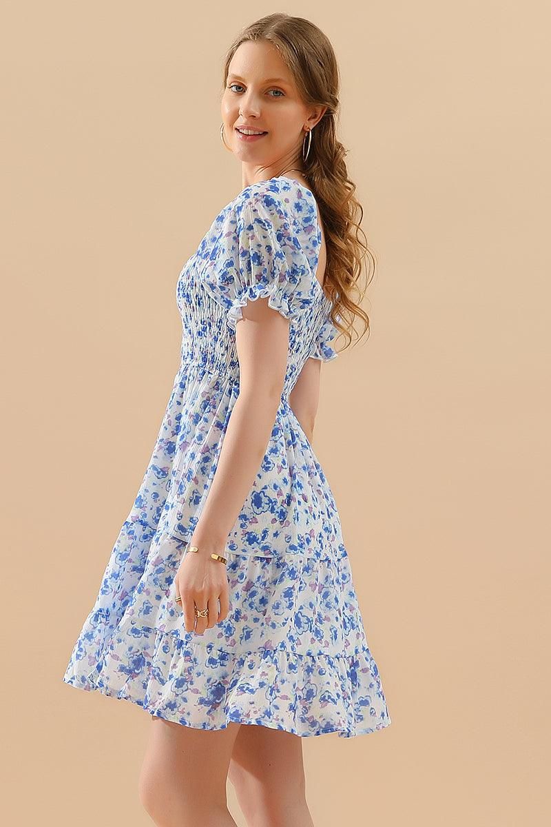 PATTERNED SQUARE NECK PUFF SLEEVE SHORT CAKE DRESS - Doublju