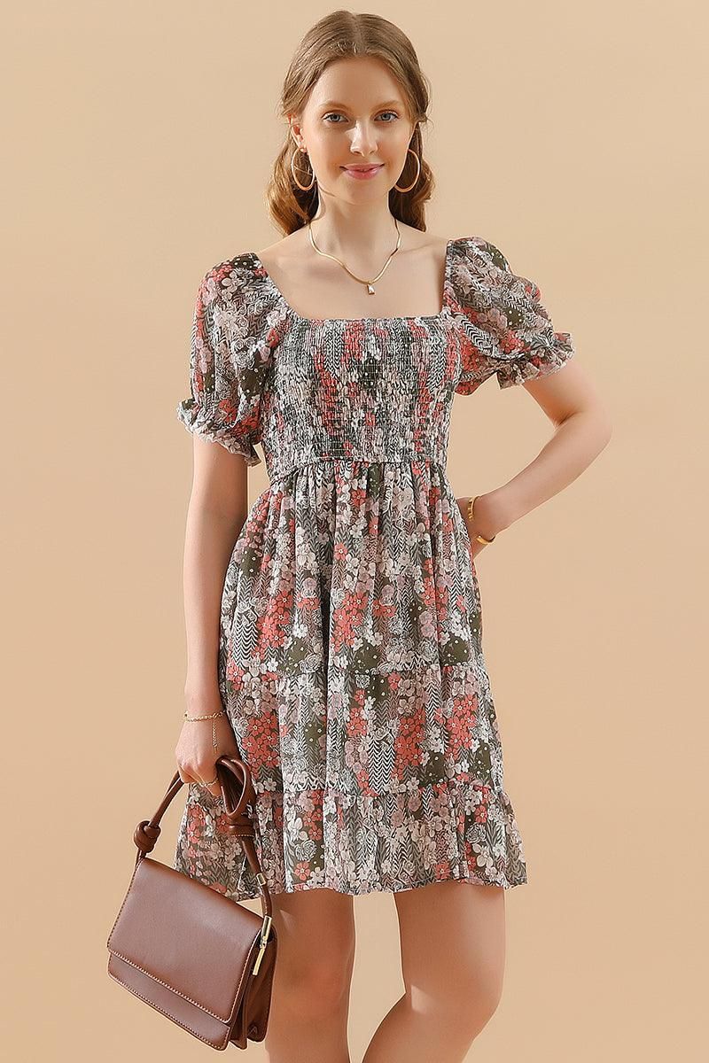 PATTERNED SQUARE NECK PUFF SLEEVE SHORT CAKE DRESS - Doublju