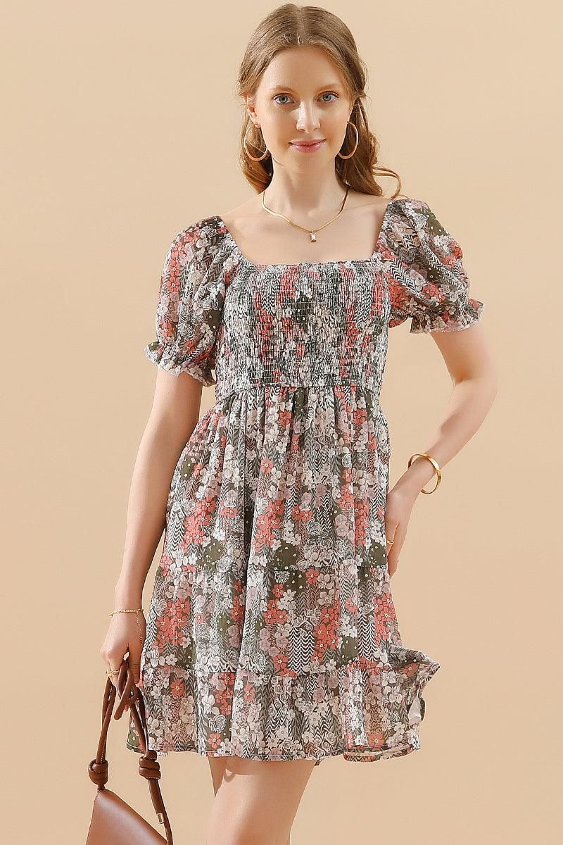 PATTERNED SQUARE NECK PUFF SLEEVE SHORT CAKE DRESS - Doublju