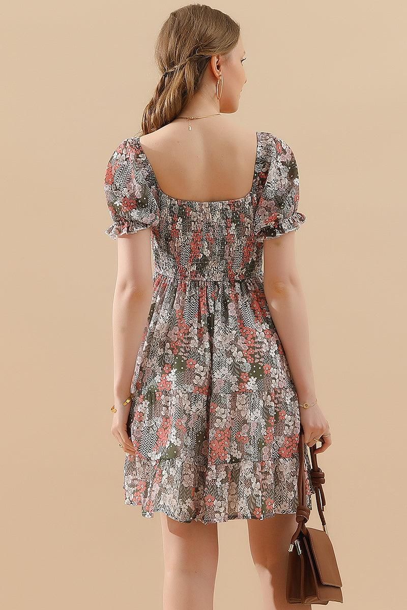 PATTERNED SQUARE NECK PUFF SLEEVE SHORT CAKE DRESS - Doublju