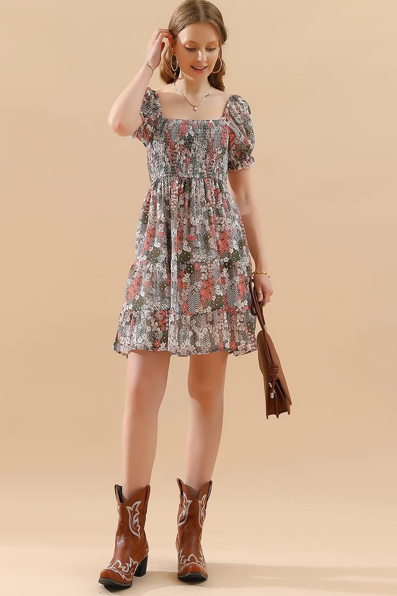 PATTERNED SQUARE NECK PUFF SLEEVE SHORT CAKE DRESS - Doublju