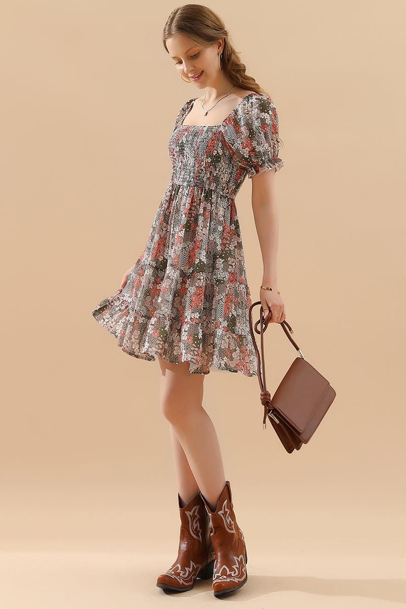 PATTERNED SQUARE NECK PUFF SLEEVE SHORT CAKE DRESS - Doublju