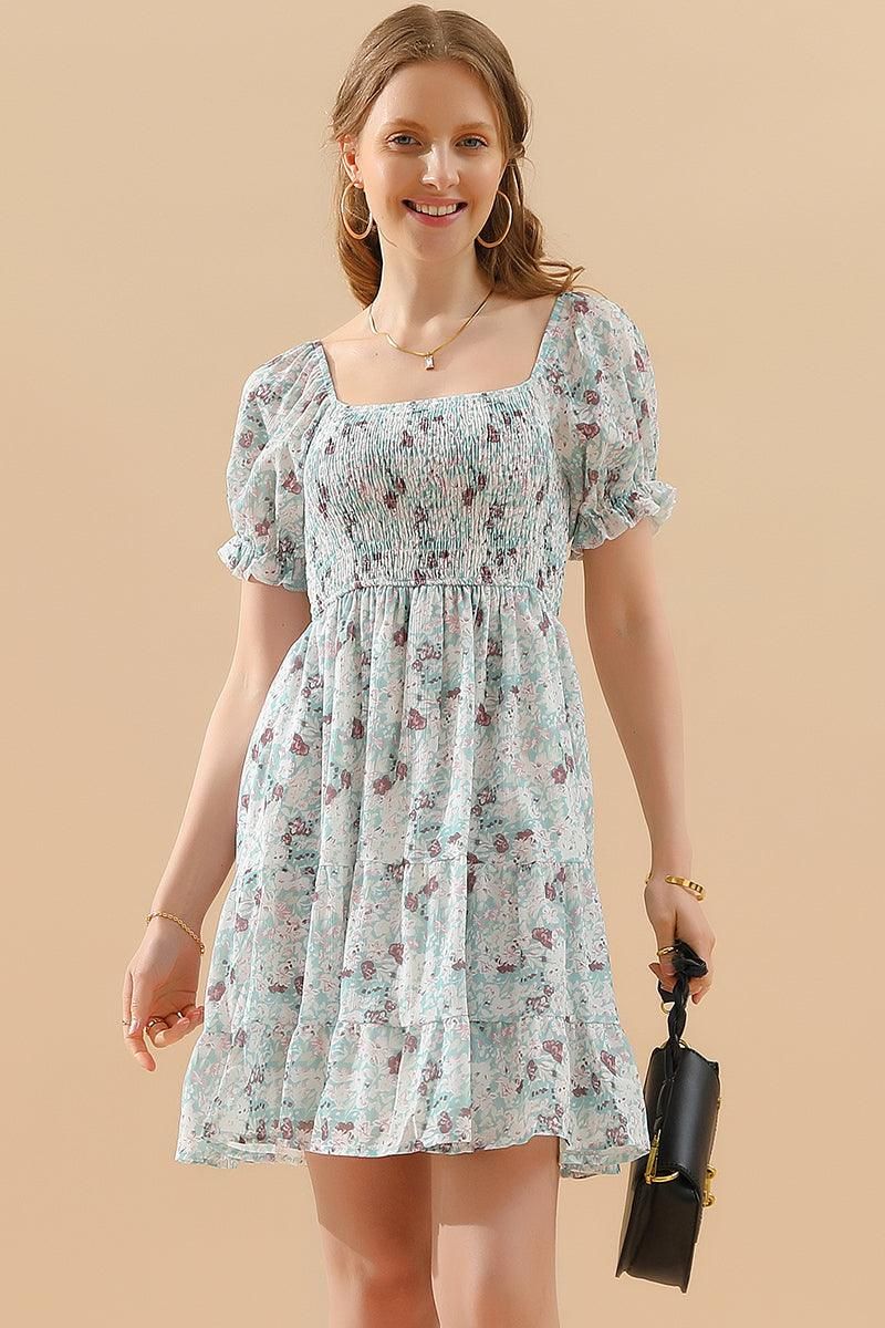 PATTERNED SQUARE NECK PUFF SLEEVE SHORT CAKE DRESS - Doublju