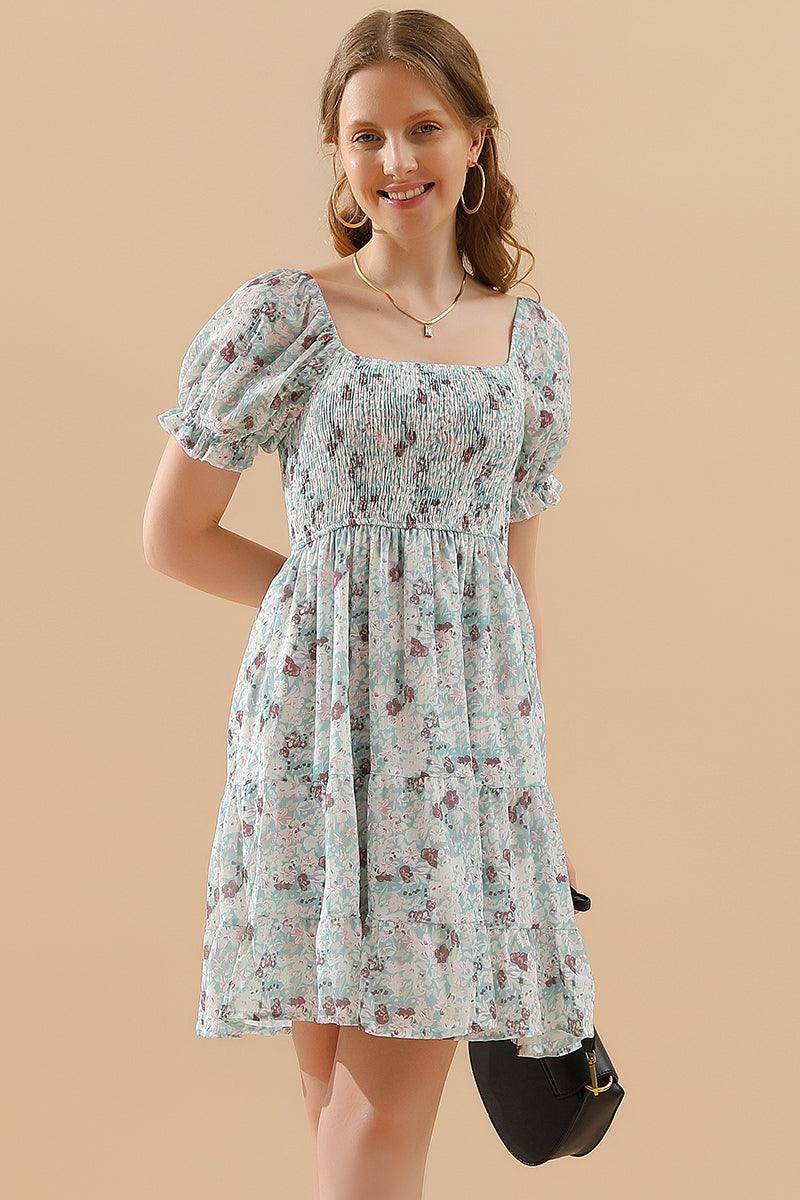 PATTERNED SQUARE NECK PUFF SLEEVE SHORT CAKE DRESS - Doublju
