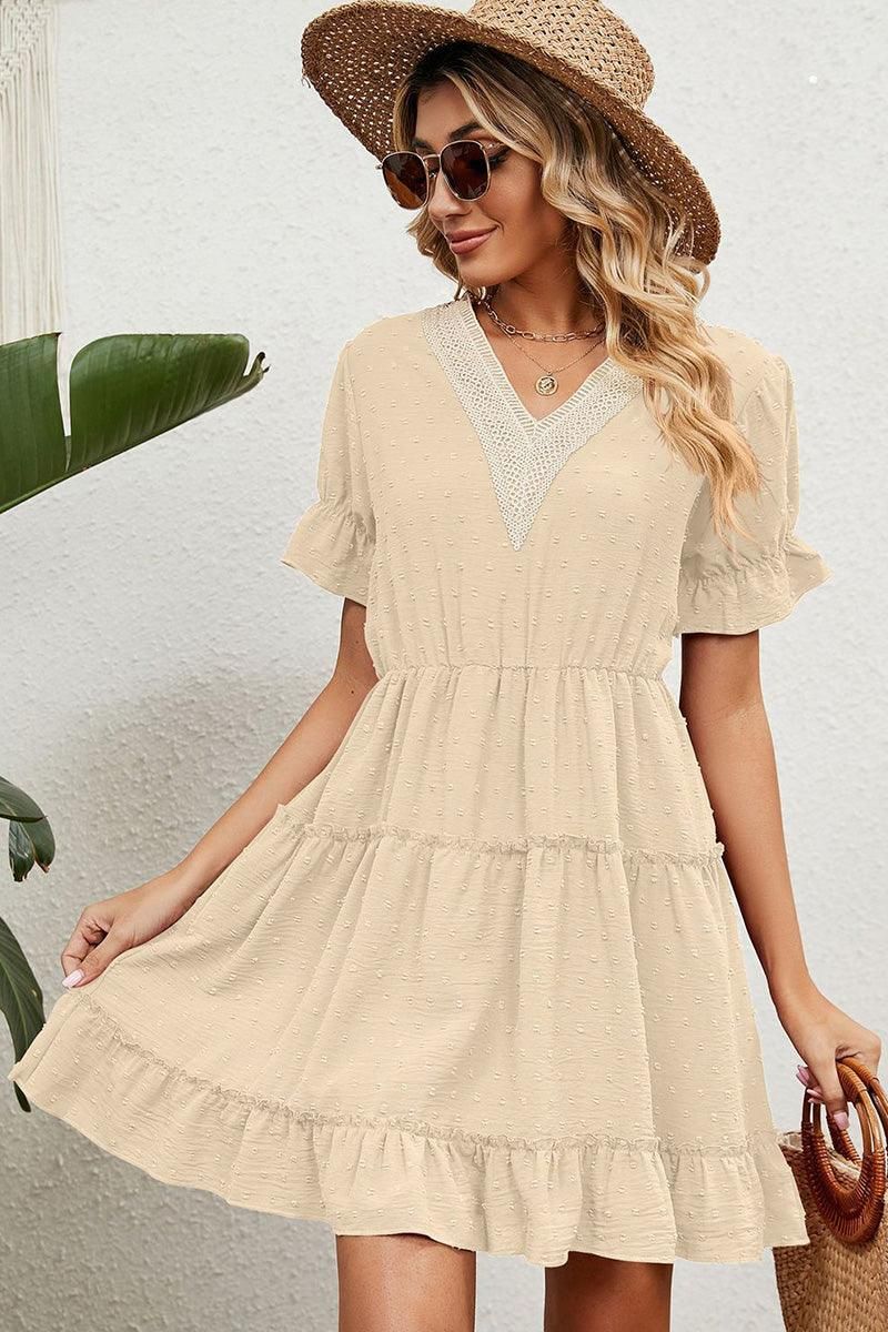 V LACE POINT NECK SHORT JACQUARD RUFFLED DRESS - Doublju