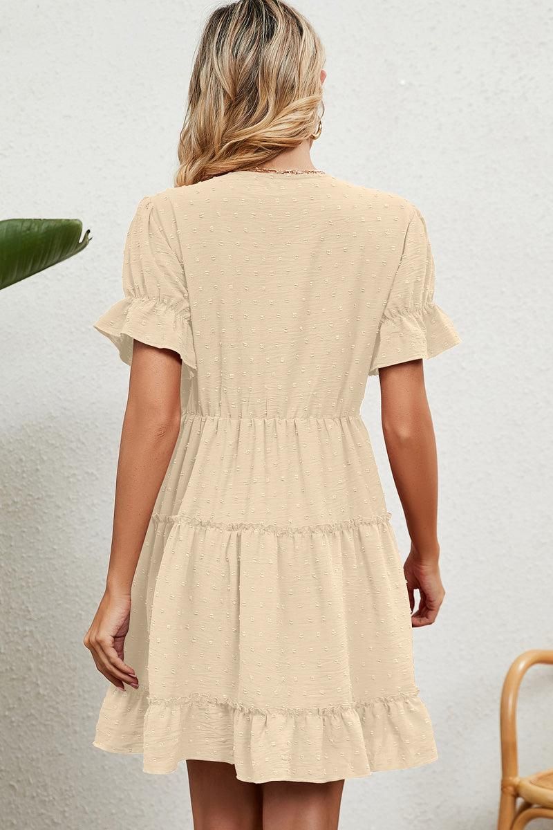 V LACE POINT NECK SHORT JACQUARD RUFFLED DRESS - Doublju