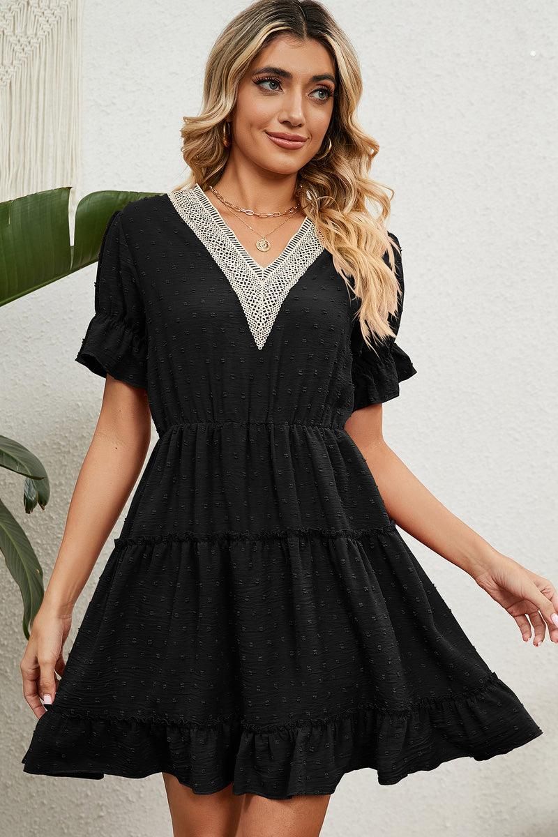 V LACE POINT NECK SHORT JACQUARD RUFFLED DRESS - Doublju