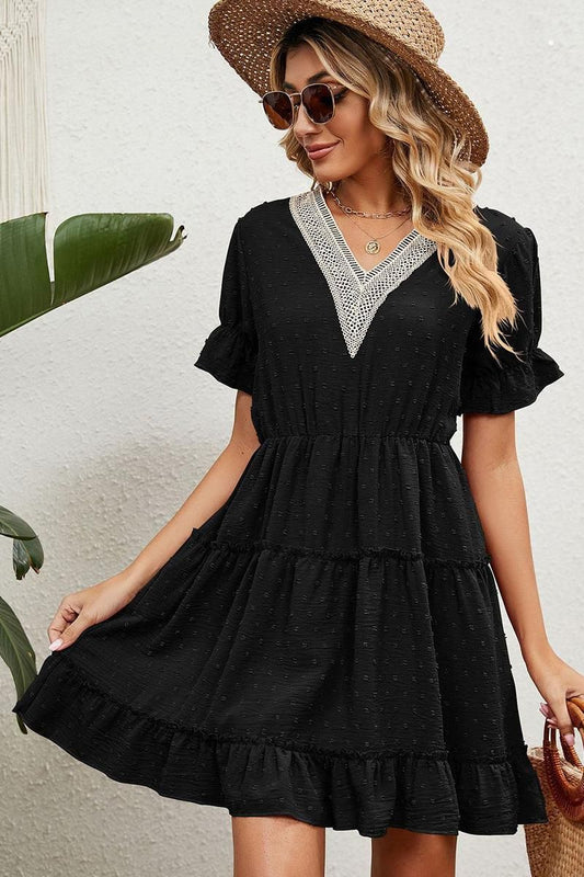V LACE POINT NECK SHORT JACQUARD RUFFLED DRESS - Doublju