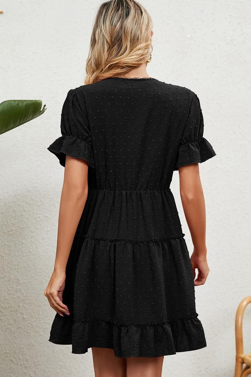 V LACE POINT NECK SHORT JACQUARD RUFFLED DRESS - Doublju