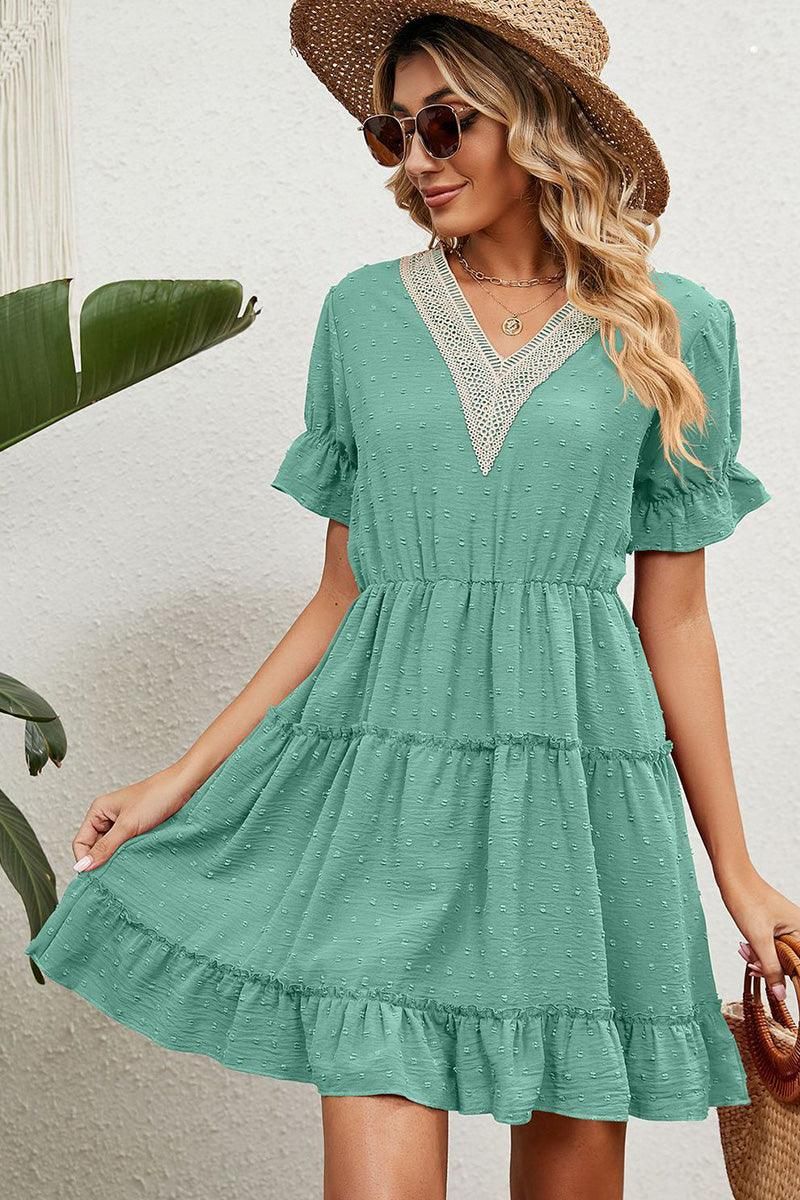 V LACE POINT NECK SHORT JACQUARD RUFFLED DRESS - Doublju