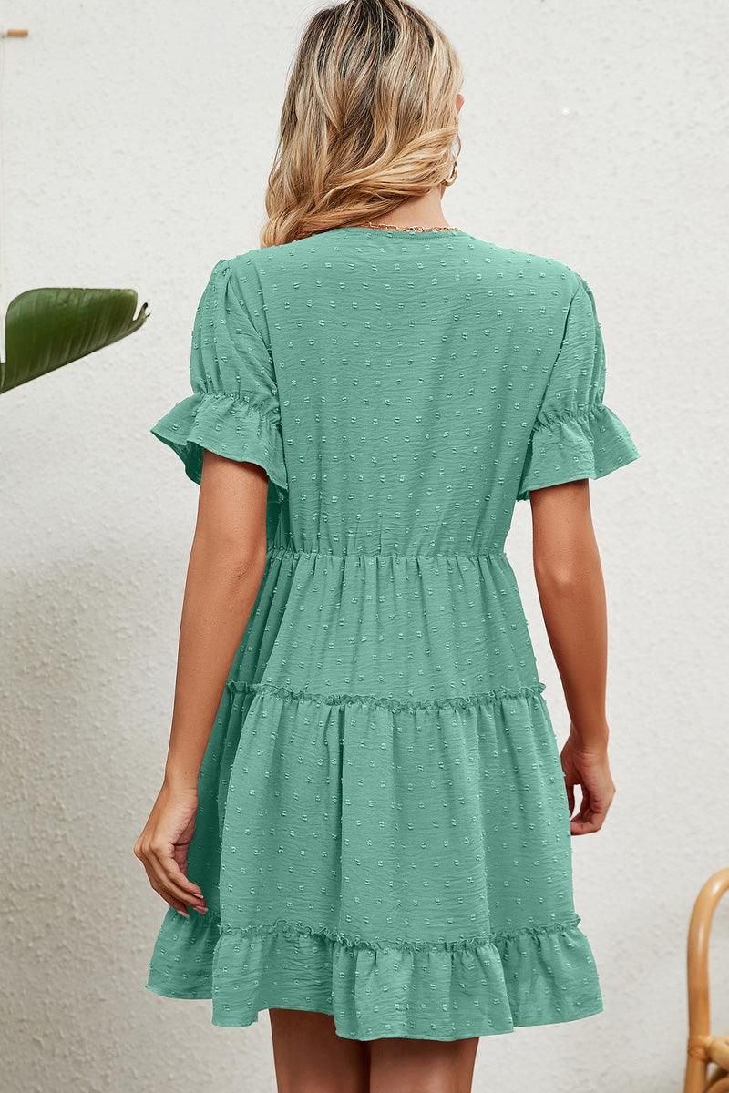 V LACE POINT NECK SHORT JACQUARD RUFFLED DRESS - Doublju