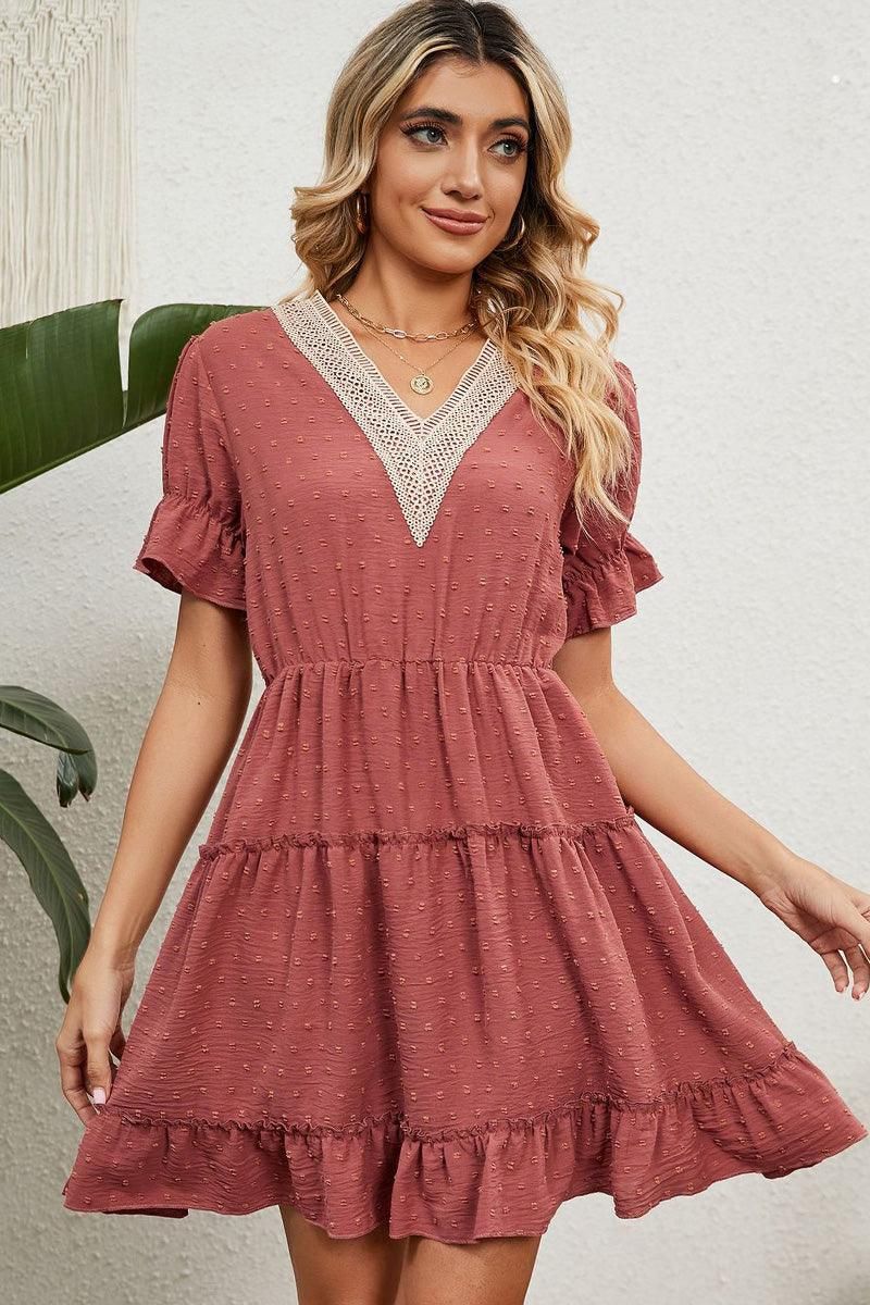 V LACE POINT NECK SHORT JACQUARD RUFFLED DRESS - Doublju