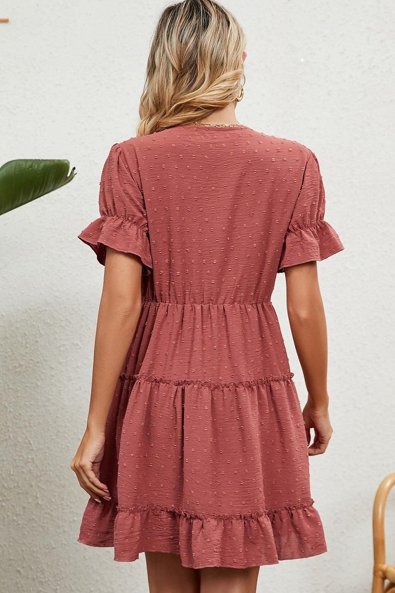 V LACE POINT NECK SHORT JACQUARD RUFFLED DRESS - Doublju