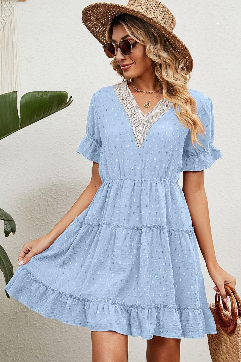V LACE POINT NECK SHORT JACQUARD RUFFLED DRESS - Doublju