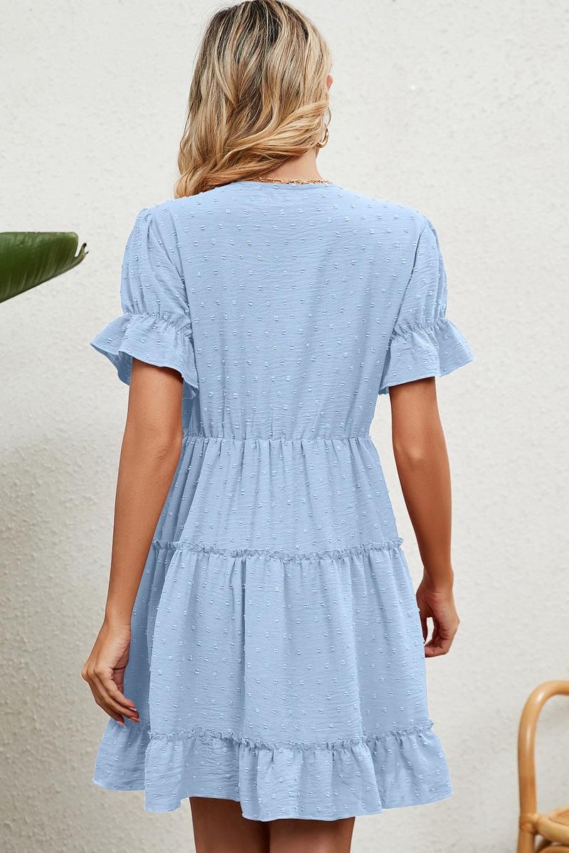 V LACE POINT NECK SHORT JACQUARD RUFFLED DRESS - Doublju