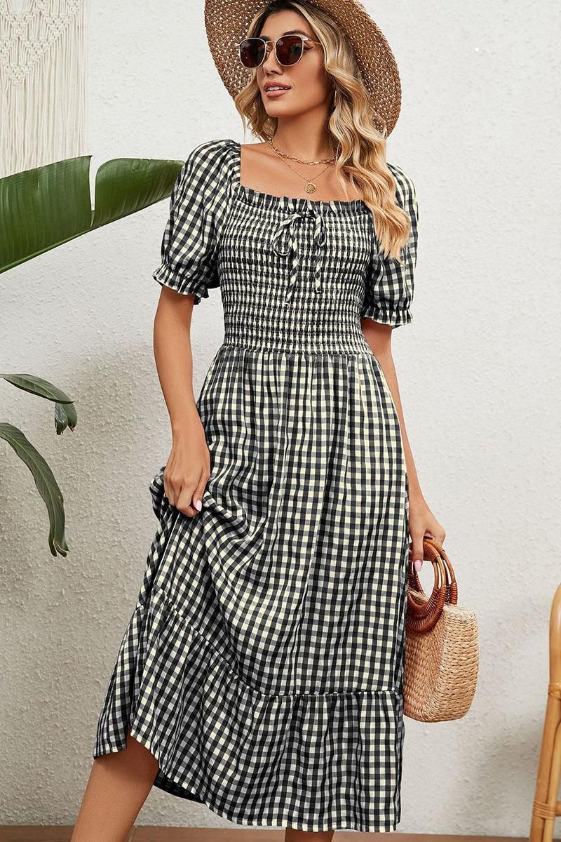 SQUARE NECK WRINKLED PUFF PLAID PICNIC DRESS - Doublju