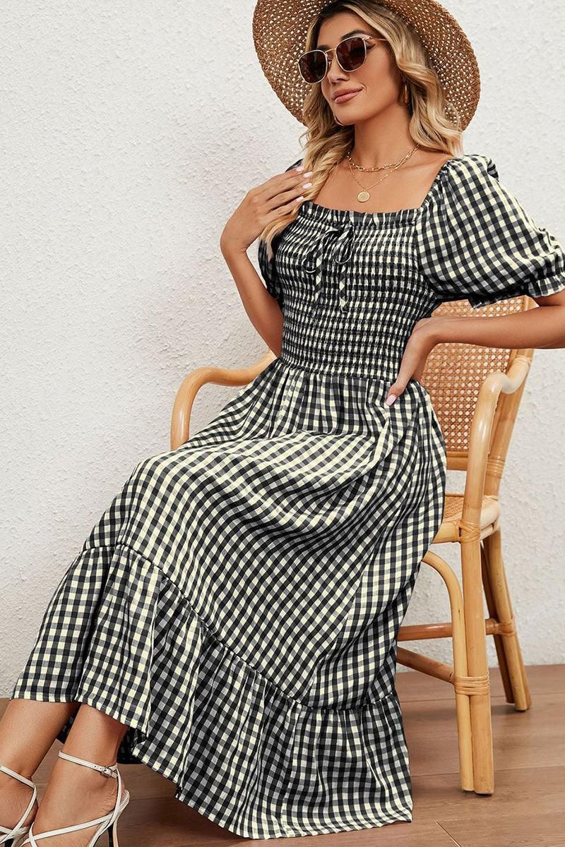 SQUARE NECK WRINKLED PUFF PLAID PICNIC DRESS - Doublju