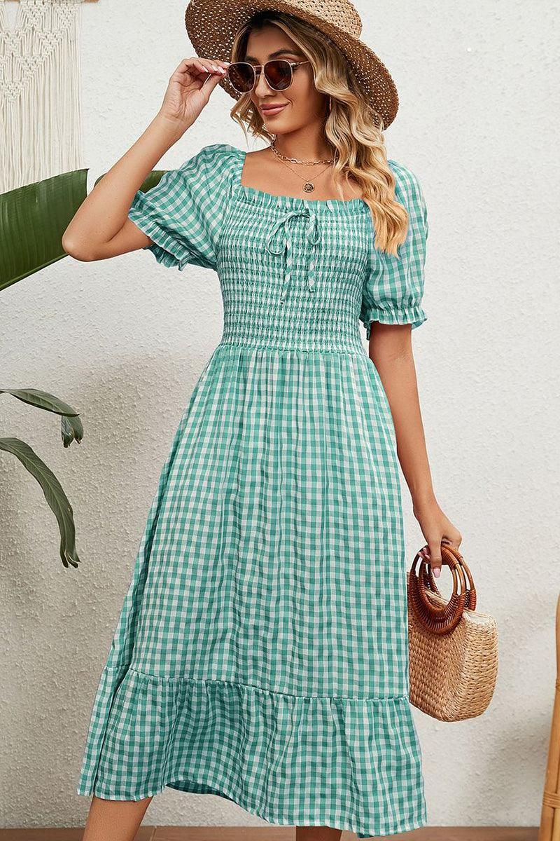 SQUARE NECK WRINKLED PUFF PLAID PICNIC DRESS - Doublju