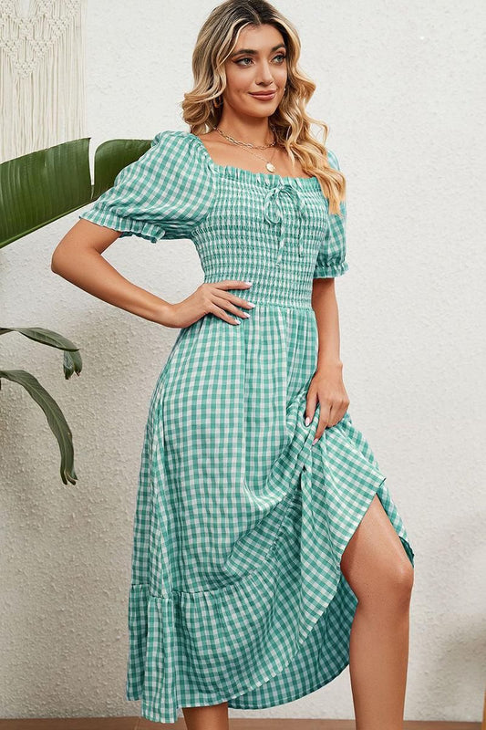 SQUARE NECK WRINKLED PUFF PLAID PICNIC DRESS - Doublju