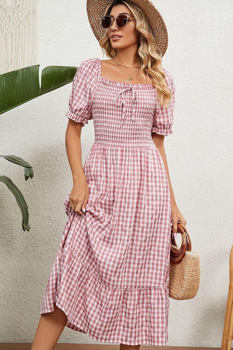 SQUARE NECK WRINKLED PUFF PLAID PICNIC DRESS - Doublju