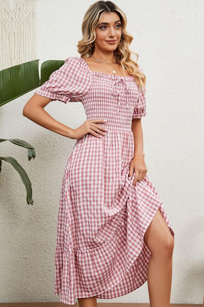 SQUARE NECK WRINKLED PUFF PLAID PICNIC DRESS - Doublju