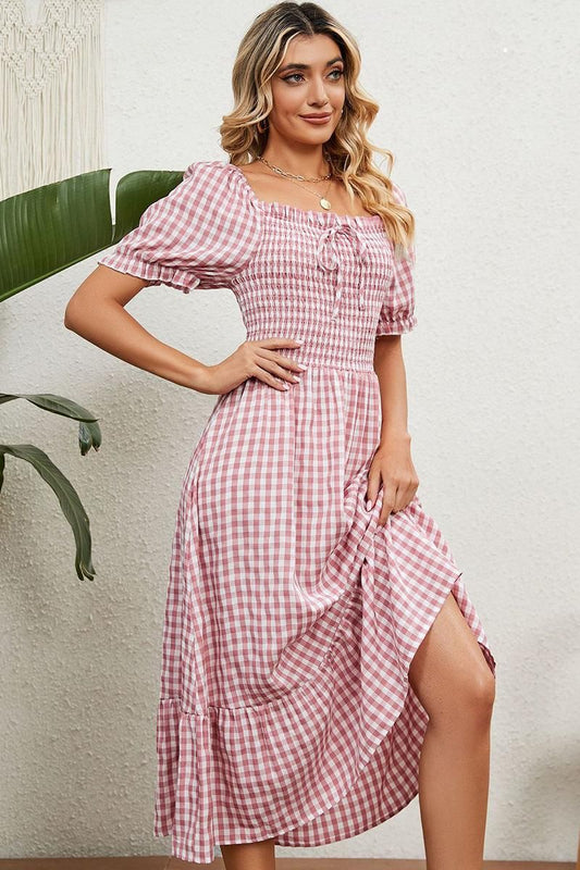 SQUARE NECK WRINKLED PUFF PLAID PICNIC DRESS - Doublju