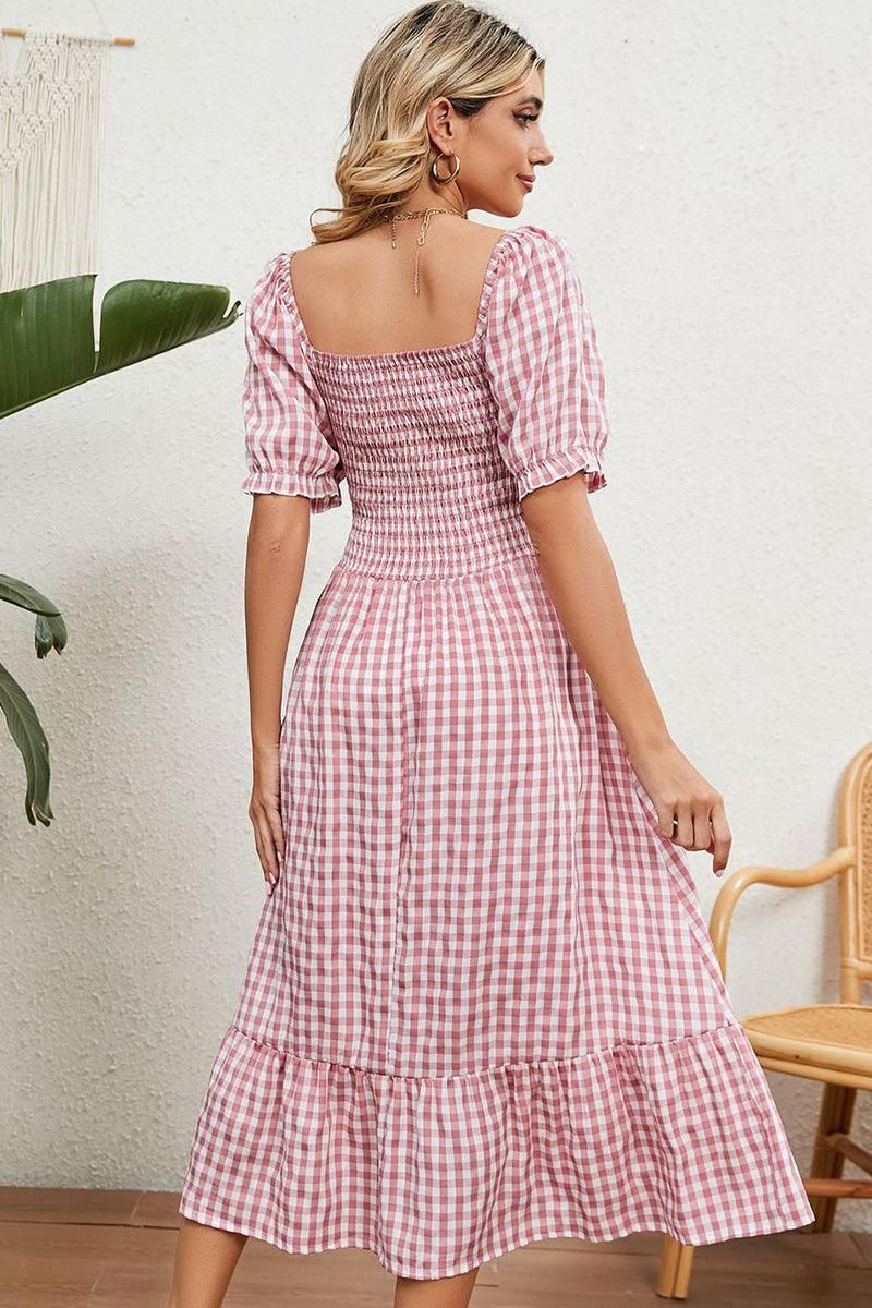 SQUARE NECK WRINKLED PUFF PLAID PICNIC DRESS - Doublju