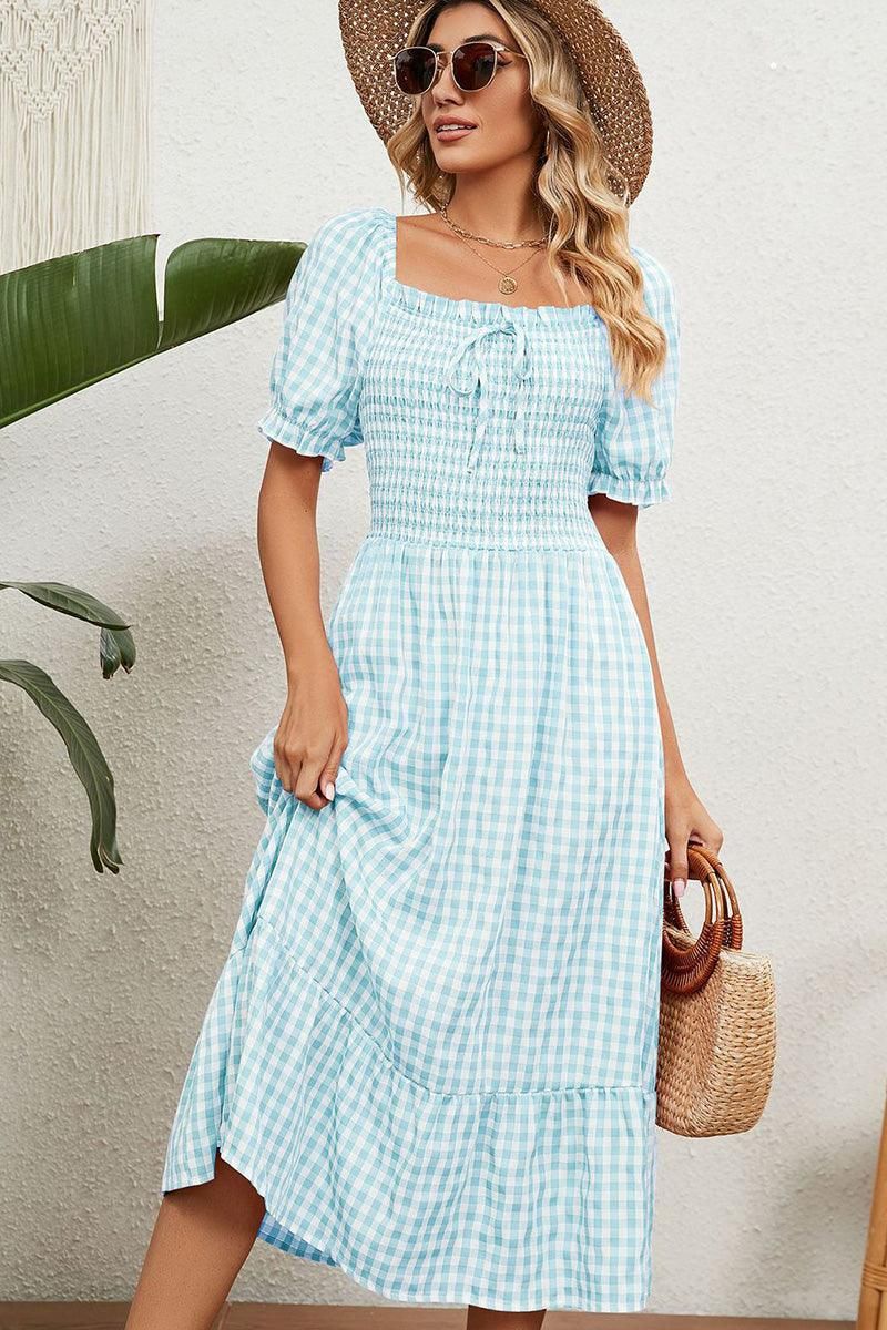 SQUARE NECK WRINKLED PUFF PLAID PICNIC DRESS - Doublju