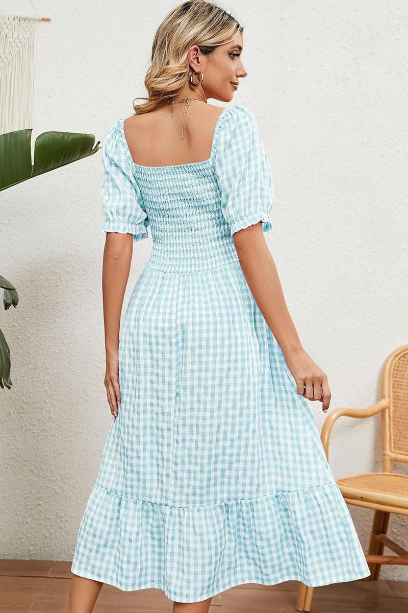 SQUARE NECK WRINKLED PUFF PLAID PICNIC DRESS - Doublju