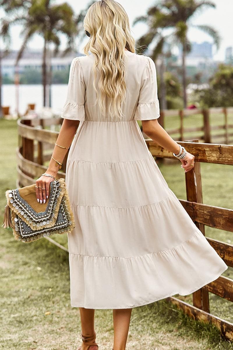 STRING RUFFLED SHORT SLEEVE FLARE CAKE SLIT DRESS - Doublju