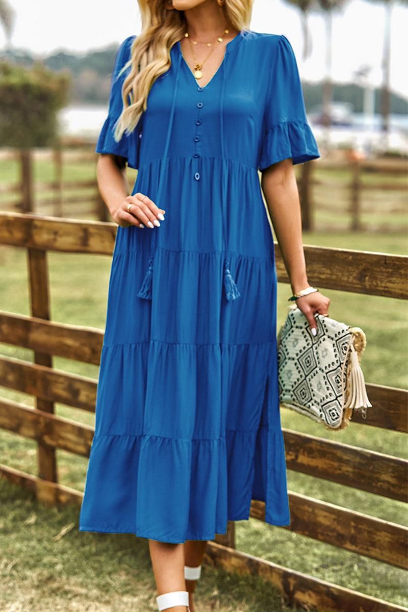 STRING RUFFLED SHORT SLEEVE FLARE CAKE SLIT DRESS - Doublju