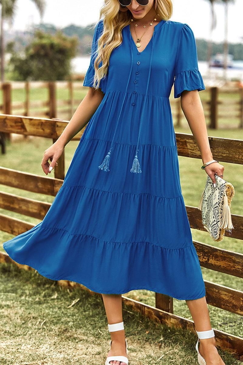 STRING RUFFLED SHORT SLEEVE FLARE CAKE SLIT DRESS - Doublju