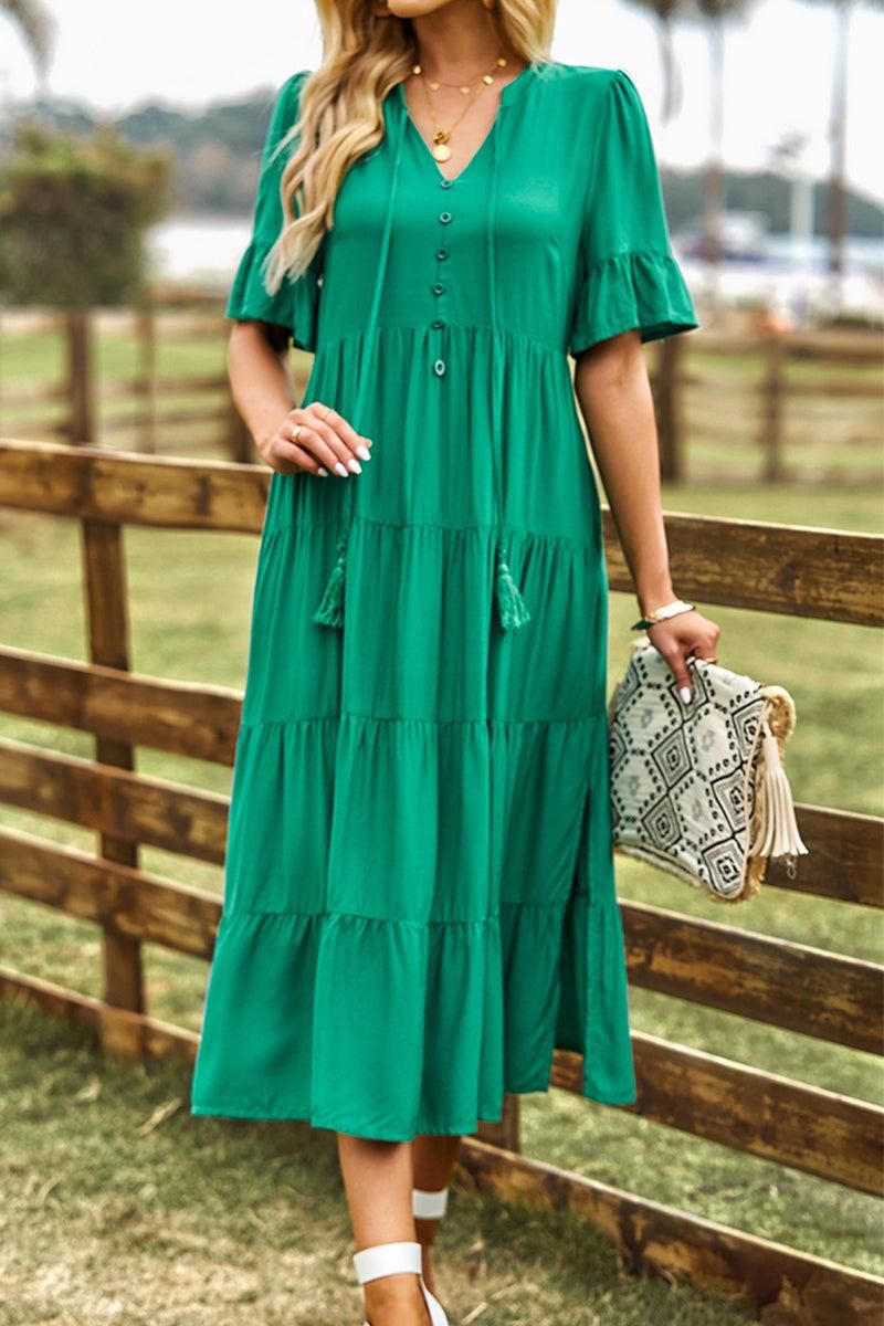 STRING RUFFLED SHORT SLEEVE FLARE CAKE SLIT DRESS - Doublju