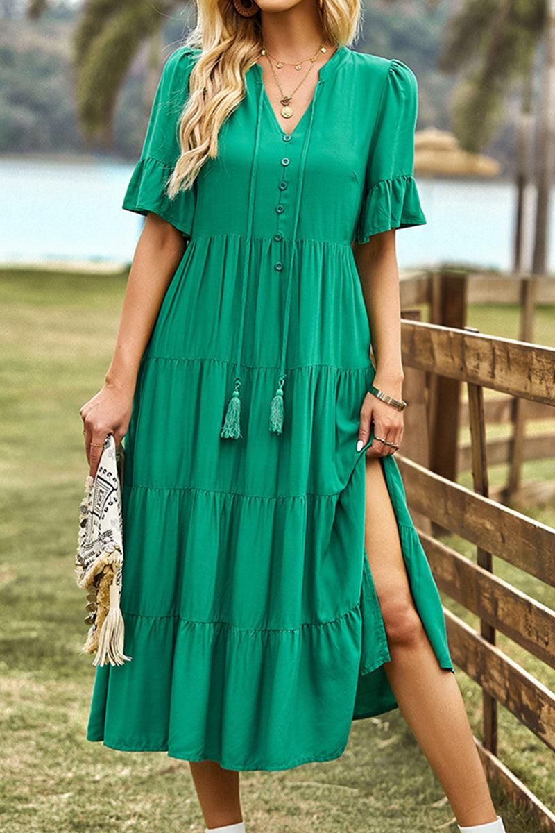 STRING RUFFLED SHORT SLEEVE FLARE CAKE SLIT DRESS - Doublju