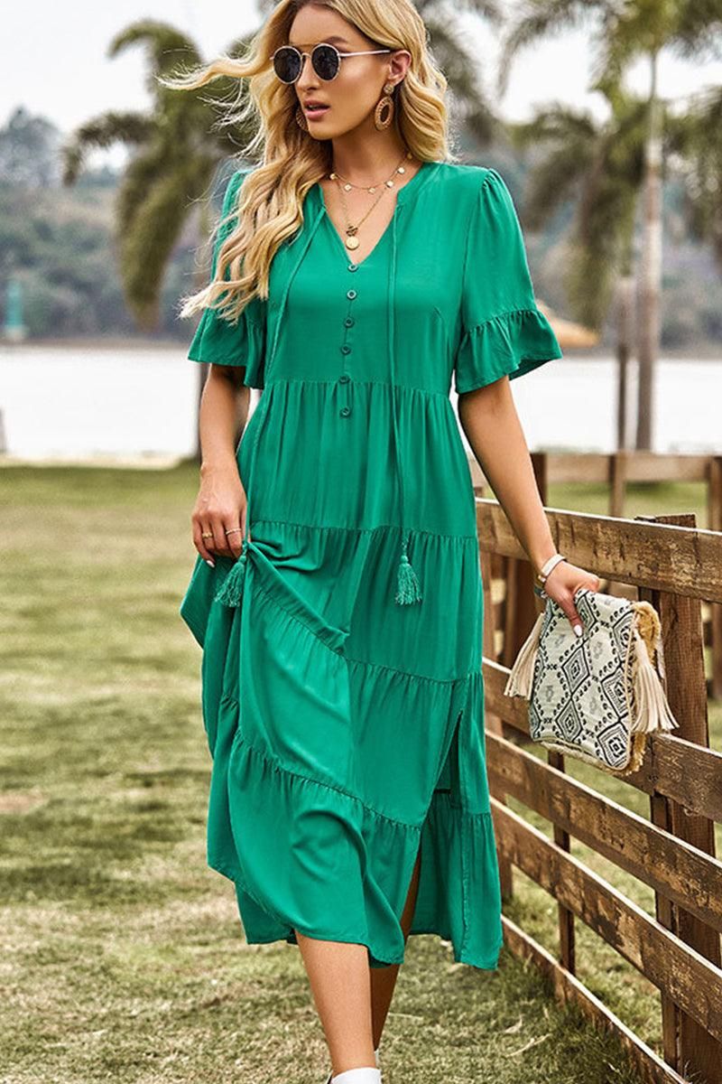 STRING RUFFLED SHORT SLEEVE FLARE CAKE SLIT DRESS - Doublju