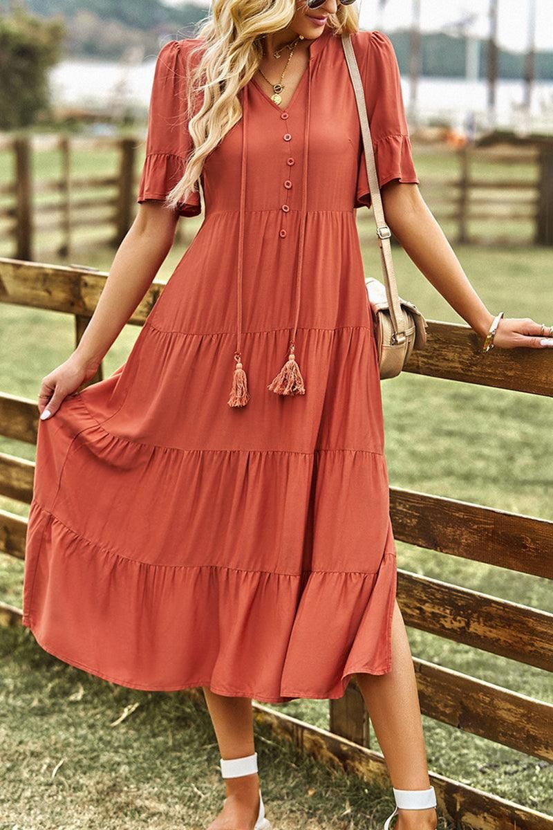 STRING RUFFLED SHORT SLEEVE FLARE CAKE SLIT DRESS - Doublju