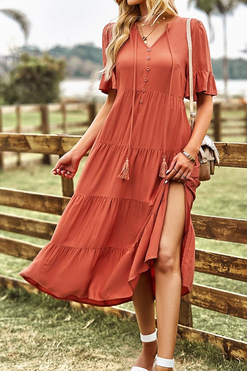STRING RUFFLED SHORT SLEEVE FLARE CAKE SLIT DRESS - Doublju