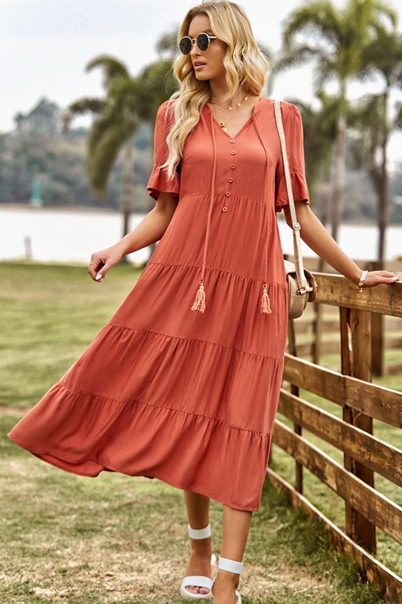 STRING RUFFLED SHORT SLEEVE FLARE CAKE SLIT DRESS - Doublju