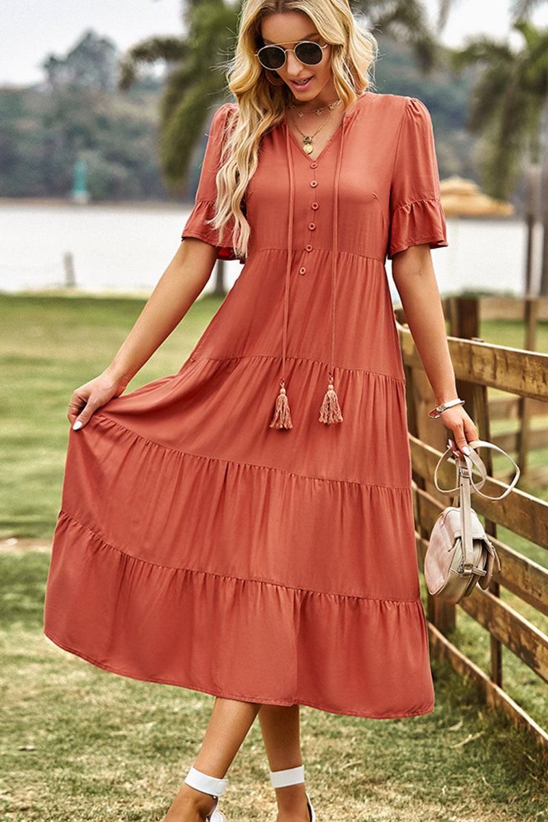 STRING RUFFLED SHORT SLEEVE FLARE CAKE SLIT DRESS - Doublju