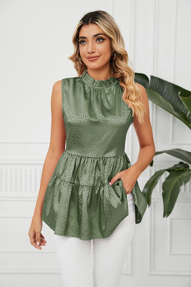 SLEEVELESS ROUND NECK RUFFLED TUNIC - Doublju