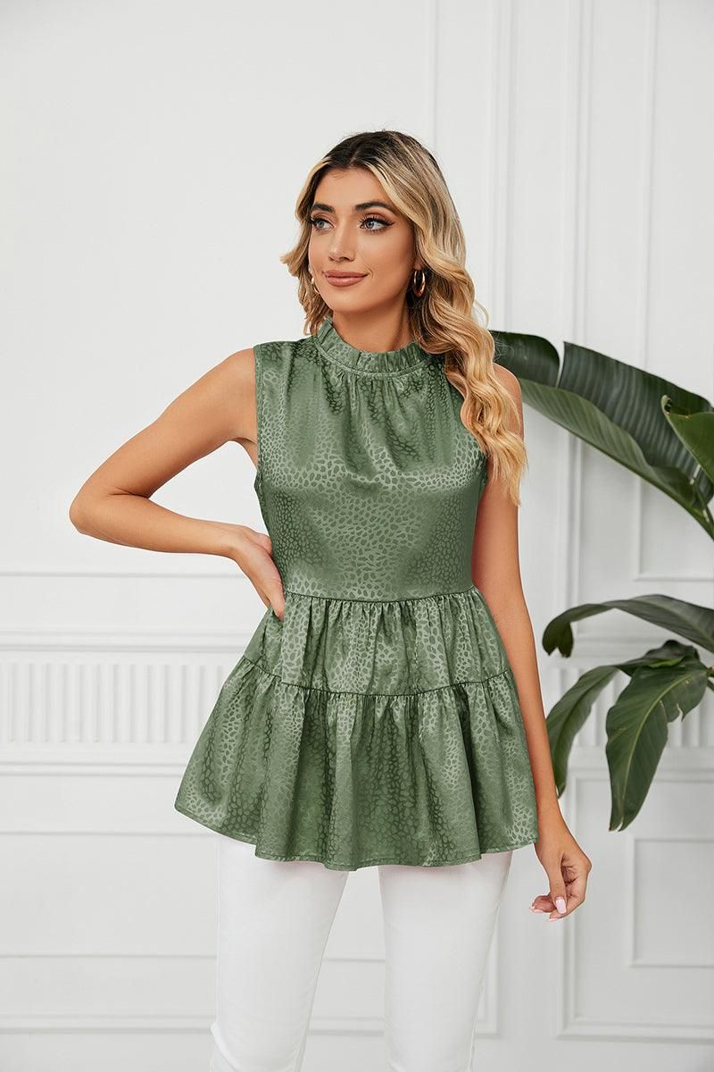 SLEEVELESS ROUND NECK RUFFLED TUNIC - Doublju