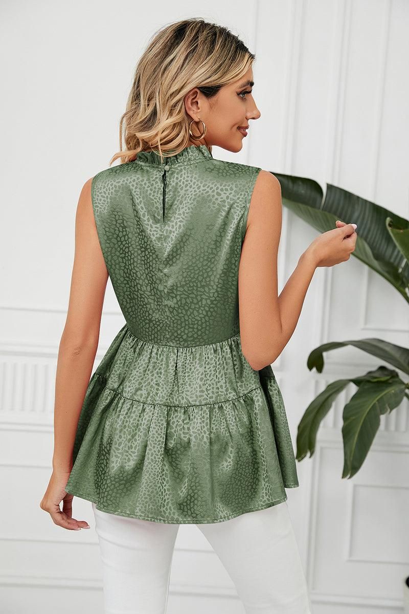 SLEEVELESS ROUND NECK RUFFLED TUNIC - Doublju