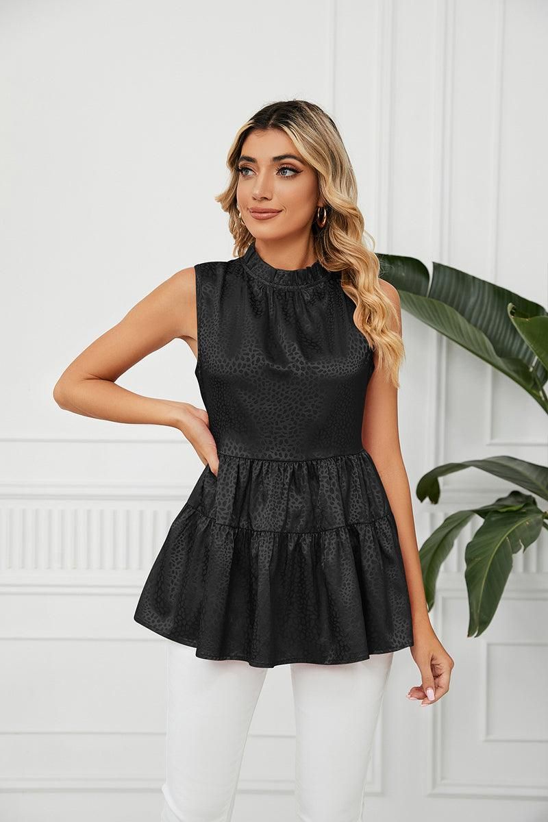 SLEEVELESS ROUND NECK RUFFLED TUNIC - Doublju